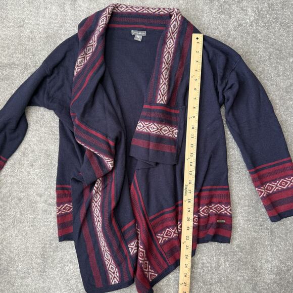 Eddie Bauer Sweater Womens Small Navy Red Open Front Cardigan Aztec Wool Blend - Picture 7 of 8
